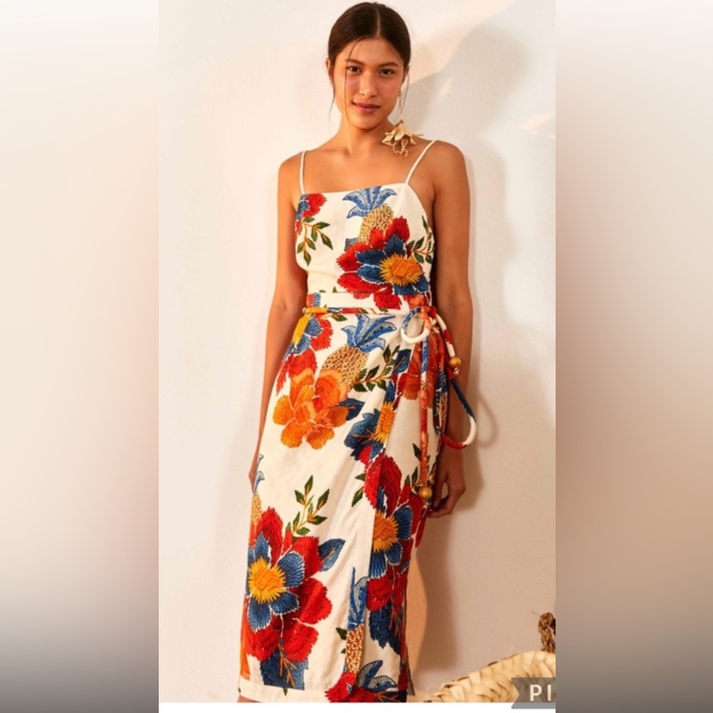 NWT - Farm Rio Pineapple Flowers Linen Wrap Dress